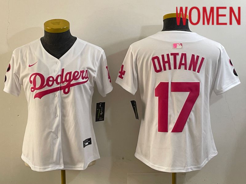 Women Los Angeles Dodgers #17 Ohtani White pink Game 2024 Nike MLB Jersey style 5->women mlb jersey->Women Jersey